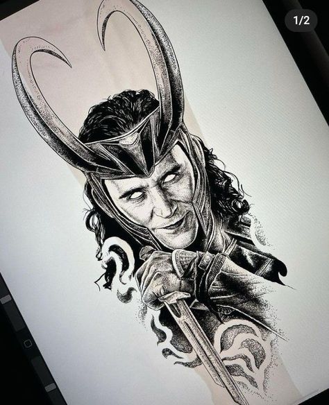 Lady Thor Tattoo, Marvel Tattoos Black And White, Loki Tattoo Design, Marvel Thor Tattoo, Loki Art Draw, Thor Tattoo Marvel, Loki Helmet Tattoo, Marvel Loki Art, Thor Tattoo Design