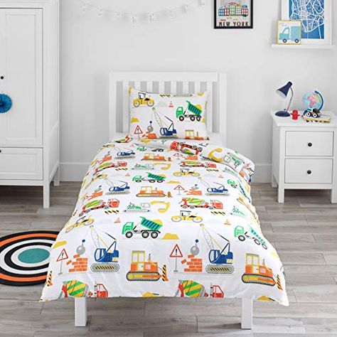 Bloomsbury Mill - Construction Vehicles - Trucks, Diggers & Cranes - Kids Bedding Set - Junior/Toddler/Cot Bed Duvet ... Toddler Cot, Bed Duvet, Toddler Pillowcase, Toddler Bed Set, Kids Bedding Sets, Double Duvet Covers, Boys Bedding, Single Duvet Cover, Cot Bedding