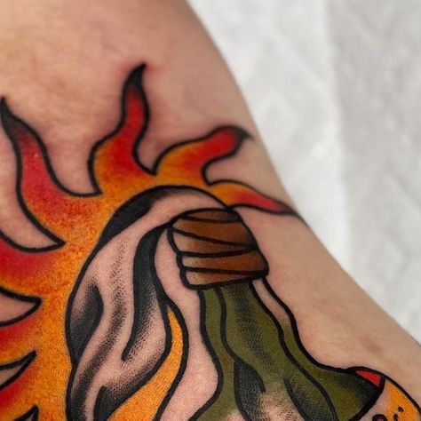 Dakota Herman on Instagram: "I had the honor of doing this @thelastofus tattoo for the loveliest ever @laurencaldwelltattoo 🥺♥️ riiiiight in the knee pit 😵‍💫 I’ve always wanted to do a Molotov cocktail!! Thanks Lauren you’re the best!!! Go follow her rn 🥰 . . . . . . . #njtattoo #njtattooartist #njtattooshop #traditionaltattoo #traditionaltattooer #classictattoo #boldwillhold #skinarttraditional #newjerseytattoo #traditionalartist #ladytattooer #tattoosnob #asburyparktattoo #asburytattoo #ninthwave #outerbangs #ninthwavetattoo #molotovcocktailtattoo #thelastofustattoo #tloutattoo #endureandsurvive #thelastofus" New Jersey Tattoo, Classic Tattoo, Skin Art, Mocktails, Traditional Tattoo, Tattoos And Piercings, The Knee, Tatting, Piercings