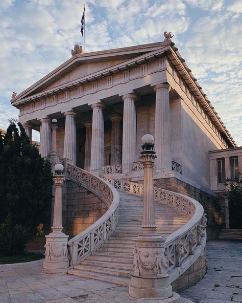 Classic Greek Architecture, Ancient Greek Library, Roman Inspired Architecture, Greek Architecture Aesthetic, Greek Structures, Greek Library, Athens Architecture, Ancient Greece Architecture, Classical Architecture House