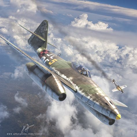 German Me-262 (Swallow), the first operational jet to see combat. ArtStation - Aviation Archive Issue 34, Antonis Karidis German Camouflage, Messerschmitt Me 262, Luftwaffe Planes, Me 262, Wwii Fighter Planes, Wwii Airplane, Wwii Fighters, Aircraft Painting, Airplane Art