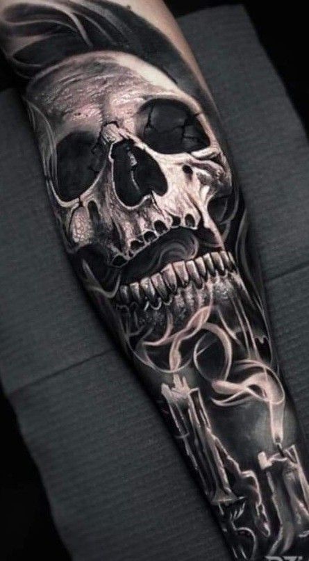 Skull With Candle Tattoo, Skull Arm Tattoo Men, Skull And Candle Tattoo, Skull Sleeve Tattoos For Guys, Skull Candle Tattoo, Skull Thigh Tattoos, Harley Tattoos, Evil Skull Tattoo, Black Skull Tattoo