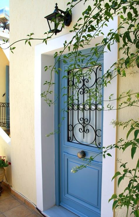 I really LOVE this color scheme.  Soft butter yellow, dusty blue, white and charcoal. #AspenHeights Lisbon House, Greece Blue, Door Painting, Blue Front Door, Front Door Paint Colors, Greek Blue, Door Paint Colors, Painted Front Doors, Yellow Houses