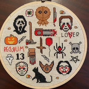 Halloween Counted Cross Stitch Patterns Free, Ghostface Cross Stitch, Freddy Krueger Cross Stitch, Scream Cross Stitch, Horror Movie Embroidery, Horror Movie Embroidery Patterns, Ghost Face Cross Stitch, Horror Cross Stitch, Horror Pixel Art