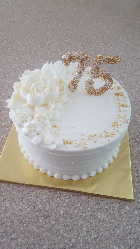 Gold and white on white 75th birthday cake ❤ 75 Th Birthday Cake Ideas, 81 Birthday Cake Ideas, Cake Ideas For 75th Birthday, 100th Birthday Cake Woman, 75th Birthday Cakes For Mom, 75th Birthday Cake For Grandfather, 75th Bday Cake, 75th Birthday Ideas For Mom Cake, 78th Birthday Cake