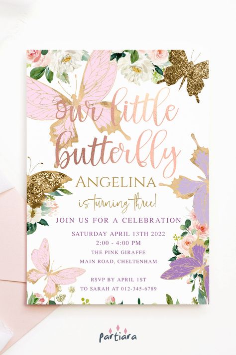 Self-editable 5x7" invite - follow the link for details and free demo! ♦ Easily edit online in your browser then download and print or send digitally ♦ Enchant a birthday with this elegant invite, flutter golden pink floral butterflies over your garden party. Shown for a 3rd birthday, this editable template is suitable for any age ♦ #3rdbirthdayparty #3rdbirthdayinvite #birthdayinvitegirl #girlbirthdayparty #birthdayinvitation #enchantedgarden #invitationtemplate 3rd Birthday Butterfly Theme, Enchanted Garden Party, Butterfly Invitation, Garden Party Invitations, Girls 3rd Birthday, Butterfly Invitations, 3rd Birthday Party, Birthday Party Invites, Pink Giraffe