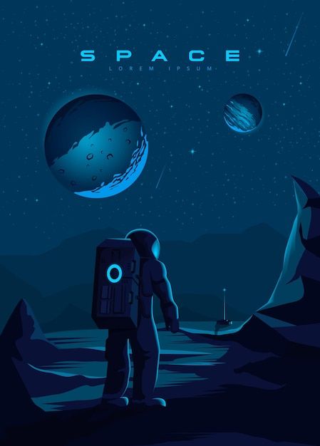 Vector space illustration. the landing o... | Premium Vector #Freepik #vector #space-travel #space-poster #mars #space-astronaut Space Technology Illustration, Sci Fi Illustration Art, Space Exploration Poster, Astronaut Graphic Design, Outer Space Graphic Design, Space Design Graphic, Space Travel Illustration, Space Exploration Illustration, Space Travel Art