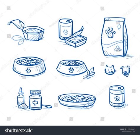 Cute cartoon dog and cat food set. With feeding dish, food tin and box, and supplement icons. Hand drawn doodle vector illustration.set#food#dish#feeding Dog Food Illustration, Cat Food Illustration, Dog Eating Drawing, Cat Food Drawing, Dog Drawing Tutorial, Doodle Vector, Food Doodles, Dog Animation, Dog Skeleton