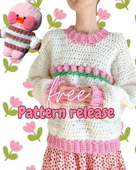 Tulip Dream Sweater pattern release! 🌷🎀 The free pattern (guide) can be found on my kofi to be downloaded 💗🫶🏻 I can’t wait to see your take on the sweater 💗🌷 A special thank you goes out to @by.redbean and @rosegarden.ateliers for helping me go over this pattern <33 💋 Ps: look at how cute the little ducky is with the tulip sweater which @by.redbean made 😭💗🐥🌷 <3 #crochet #crochetpattern #freecrochetpattern #cottagecore Kawaii Knitting Pattern, Kawaii Knitted Sweater, Sanrio Knitting Pattern, Tulip Sweater Pattern, Pastel Crochet Cardigan, Kawaii Crochet Cardigan, Tulip Sweater, 2024 Crochet, Knitted Stuff