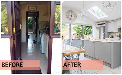 Small galley kitchen transformed into spacious room for the entire family to socialise Conservatory Kitchen Extension, Wraparound Extension, Small Galley Kitchen Designs, Small Galley Kitchen Remodel, Open Galley Kitchen, Galley Kitchen Renovation, Small Conservatory, Small Kitchen Renovations, Small Galley Kitchen