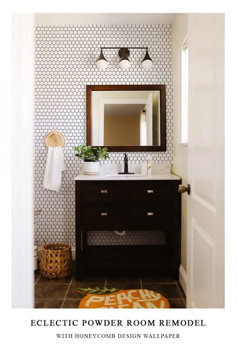 Peachy Bathroom Remodel Featuring Honeycomb Wallpaper – Livettes Livettes Wallpaper, Peachy Clean, Fun Interior Design, Honeycomb Wallpaper, Condo Design Ideas, Organizing Kitchen, Airbnb Ideas, Hexagon Tile, Condo Design