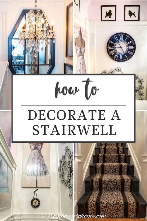 how to decorate a stairwell Home Decor Stairway Wall, Stair Decorating Ideas Wall Stairways, Wall Above Stairs Decor Stairways, Vintage Staircase Ideas, Basement Stair Landing Ideas, Wall Paneling On Stairs, Stairwell Mirror Ideas, Frames Up Staircase, Accent Wall For Stairway