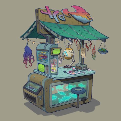 Space Sushi, Alexandrin Damascan on ArtStation at https://www.artstation.com/artwork/2xynvy Props Concept, Graphisches Design, Props Art, Isometric Art, Arte Robot, Game Props, Substance Painter, Arte Cyberpunk, Food Cart