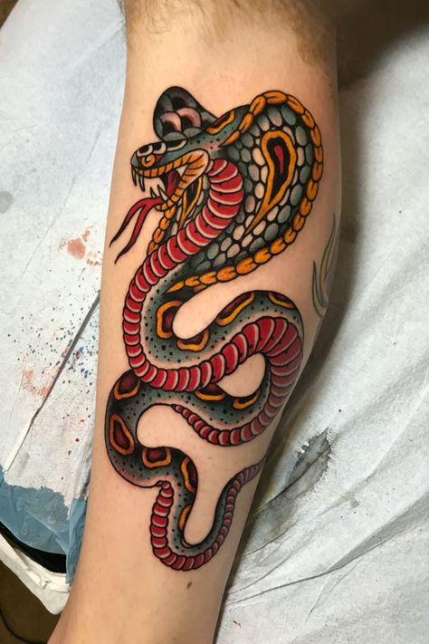 Traditional Snake tattoo | Traditional Cobra Tattoo | Traditional Snake | American Traditional Snake | American Traditional Tattoos | Traditional Tattoo Art | Traditional Tattoo |Traditional Tattoo Flash | Snake Tattoo | Cobra Tattoo | Chapter One Tattoo #sandiegotattoo #sandiegotattooartist #traditionalsnaketattoo King Cobra Tattoo, Snake Tattoo Meaning, Traditional Snake Tattoo, Japanese Snake Tattoo, Small Wave Tattoo, Tato Tradisional, Cobra Tattoo, Tattoo Snake, Serpent Tattoo