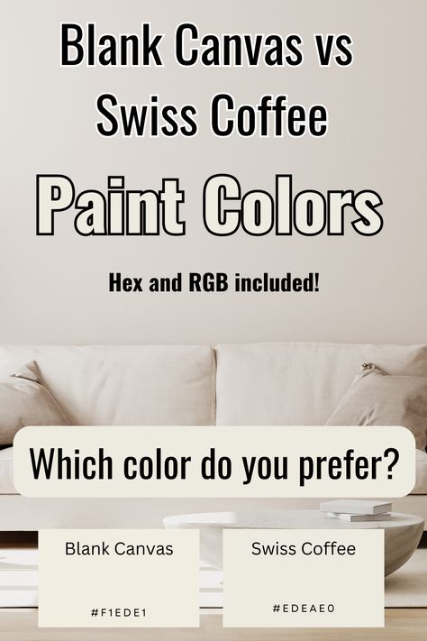 Blank Canvas vs Swiss Coffee: Color Comparison Guide In this article, you will learn about Light Blank Canvas and Swiss Coffee colors including a side-by-side comparison. If you are considering either of these colors, the following information will help you make the right decision. Valspar Swiss Coffee Walls, Blank Canvas Behr Paint Living Room, Swiss Coffee Behr Living Room, Behr Swiss Coffee Color Palette, Behr Blank Canvas Paint Color, Behr Swiss Coffee Walls, Blank Canvas Paint Color, Blank Canvas Behr Paint, Mocha Paint Colors