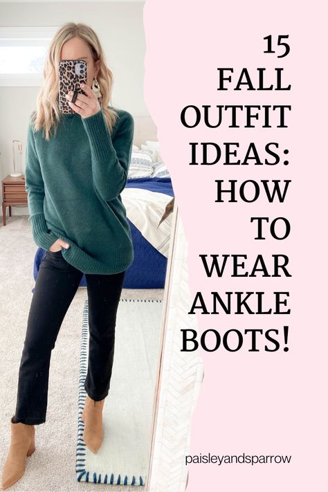 How to wear ankle boots: 15 amazing fall outfit ideas to wear with booties! Fall Booties Ankle Boots, Transition To Fall Outfits, Brown Booties Outfit, Brown Ankle Boots Outfit, Short Boots Outfit, Black Ankle Boots Outfit, Black Booties Outfit, Ankle Boots Outfit Fall, Ankle Boots Outfit Winter