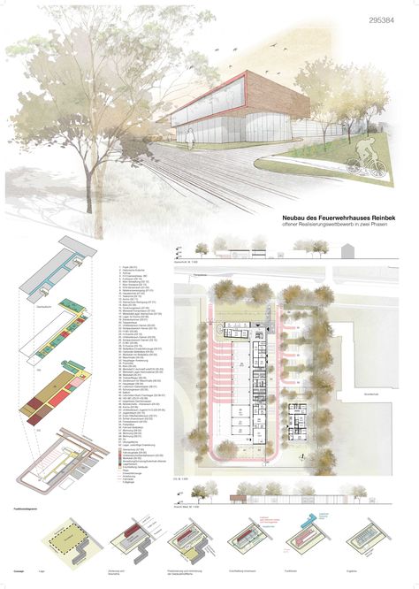 Architecture Competition: Fire station, Germany Fire Station Architecture Design, Fire Strategy Architecture, Fire Station Architecture Concept, Fire Station Architecture, Fire Station Design, Presentation Graphics, Architecture Site Plan, Architecture Portfolio Layout, Fire Hall