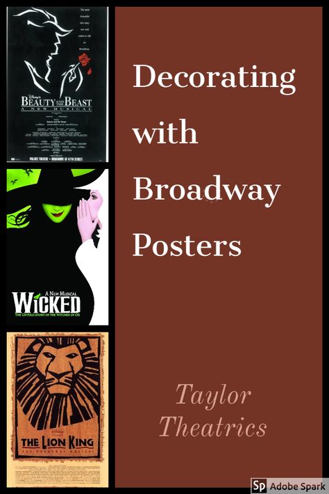 Decorating with Broadway posters is a great, inexpensive idea for theatre enthusiasts; They look amazing in homes, office, classrooms, etc! #broadway #decor #budget Broadway Decorations, Broadway Classroom Theme, Musical Theatre Decor, Broadway Themed Bedroom Ideas, Musical Theatre Themed Bedroom, Theatre Classroom Decor, Broadway Inspired Bedroom, Broadway Bedroom Ideas, Broadway Decor