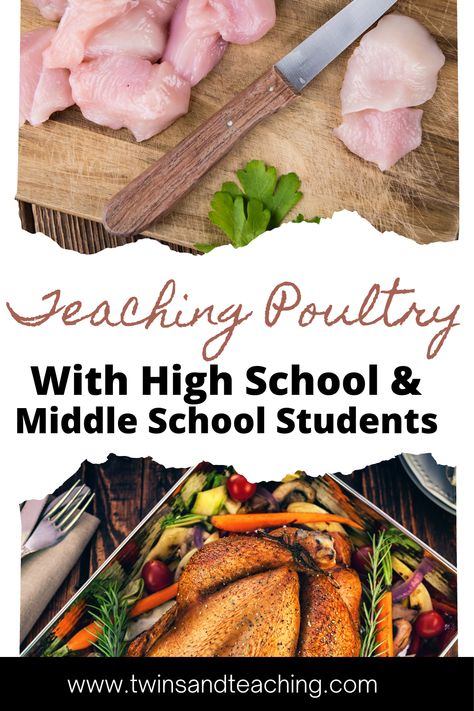 This culinary arts lesson plan blog post is all about teaching poultry to middle school and high school culinary arts and FCS. Students learn about the different types of poultry, cooking methods for poultry and culinary worksheets for easy teaching! Home Economics Lessons For Elementary, Culinary Arts Lessons High Schools, Home Economics Lessons For Middle School, High School Family Consumer Science Classroom, Cooking Methods Lesson, Middle School Cooking Class Lesson Plans, Cooking Lesson Plans, Culinary Lessons, Culinary Cooking