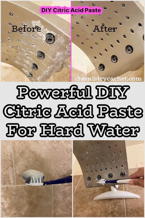 Do you have hard water stains on hard to reach places? We have the answer! Make this 100% natural DIY citric acid paste with just two ingredients. This paste will remove hard water from surfaces and even glass shower doors. Get the post today! And follow Chemistry Cachet for the best science-based cleaning and skincare tips. Hard Water Cleaner, Citric Acid Uses, Toilet Cleaning Hacks, Remove Water Stains, Hard Water Stain Remover, Cleaning Paste, Cleaning Techniques, Hard Water Stains, Household Cleaning Tips