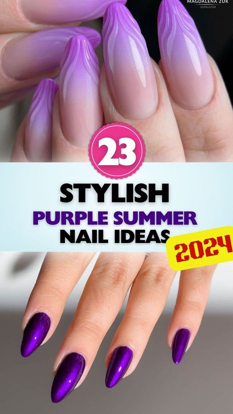 Make a statement this summer with these vibrant purple nail designs. Perfect for adding a touch of elegance to your summer style. #SummerNails Purple Nail Designs For Summer, Purple Gel Nails Ideas Short, Purple Nails Summer, Purple Summer Nails, Purple Wedding Nails, Neon Purple Nails, Purple And Pink Nails, Purple Gel Nails, Purple Manicure