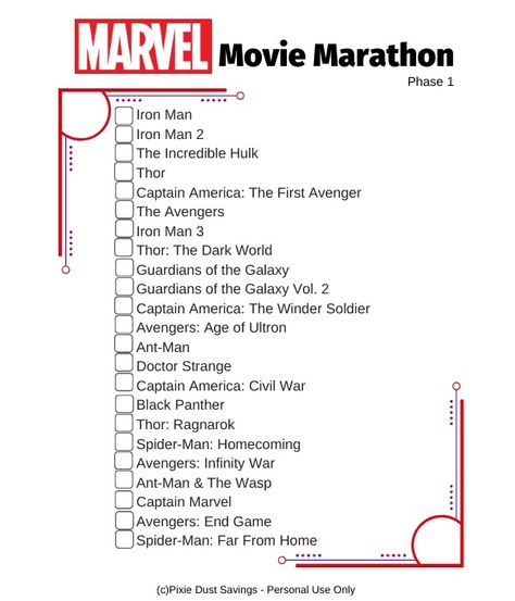 Iron Man Movie, Avengers Party, Movie Marathon, Printable Checklist, Bruce Banner, The Dark World, Age Of Ultron, Great Love Stories, Incredible Hulk