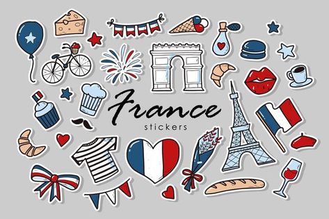 Set of france stickers | Premium Vector #Freepik #vector #travel #flag #doodle #paris France Stickers, Travel Stickers Printable, France Scrapbook, Sports Day Poster, French Symbols, French Logo, Disney Big Hero 6, French Icons, French Aesthetic