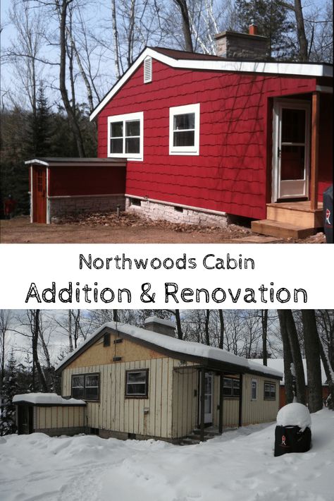 Exterior renovation of a 1950's Northwoods cabin Cabin Remodel Before And After, Wood Makeover, Northwoods Cabin, Knotty Pine Doors, Metal Entry Doors, Mudroom Addition, Home Sanctuary, Cabin Renovation, Old Cabin