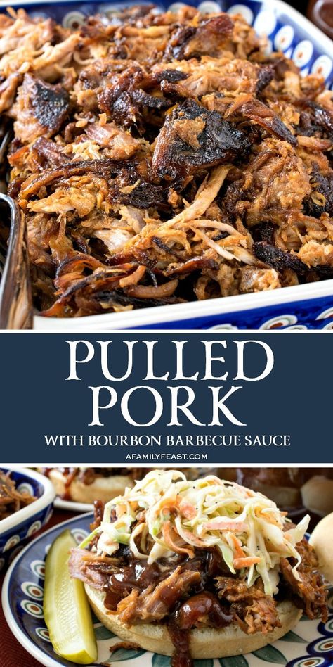 Low-and-slow oven roasting yields super tender and delicious Pulled Pork. Pulled Pork Marinade, Bge Recipes, Bourbon Barbecue Sauce, Family Feast Recipes, Pull Pork, Pulled Pork Oven, Chameleon Cage, Pork Ribs Grilled, Feast Recipes