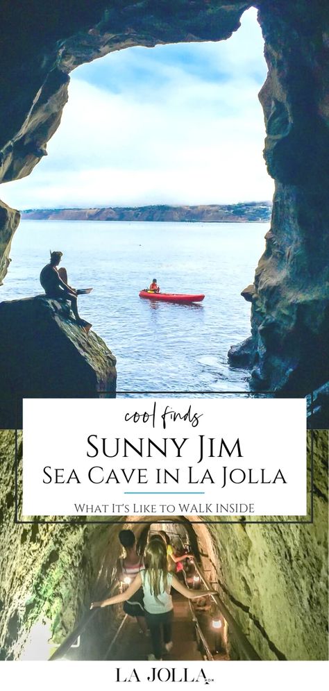 Sunny Jim is the only sea cave in California accessible by land through an over 100-year-old tunnel. It's one of La Jolla's best attractions. Sunny Jim Sea Cave, La Jolla Caves, Cali Vacation, Sea Cave, La Jolla California, San Diego Travel, Cave In, La Jolla, Family Adventure