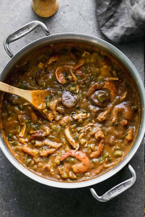 Shrimp Chicken Sausage Gumbo, New Orleans Gumbo, Gumbo Recipe Easy, Dark Roux, Seafood Gumbo Recipe, Homemade Potato Salads, Shrimp And Sausage, New Orleans Recipes, Sausage Gumbo