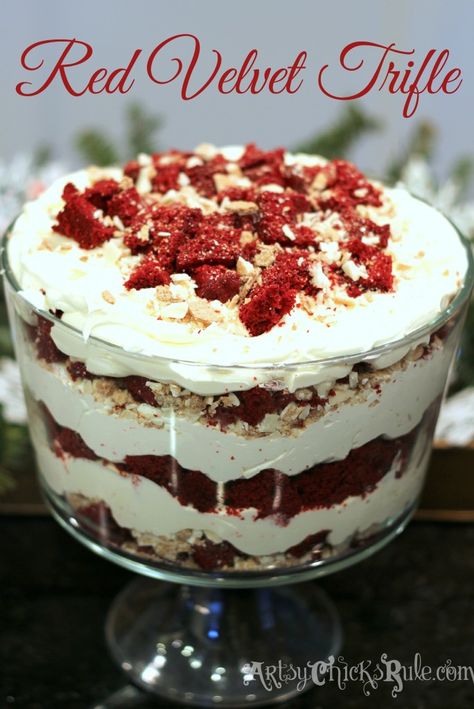 Red Velvet Trifle Recipe Modified!! Check out the "new addition" YUM PERFECT dish for VALENTINES Day!! Red Velvet Trifle, Holiday Desserts Thanksgiving, Trifle Bowl Recipes, Trifle Cake, Trifle Dessert Recipes, Holiday Desserts Christmas, Velvet Cake Recipes, Easy Holiday Desserts, Red Velvet Cake Mix