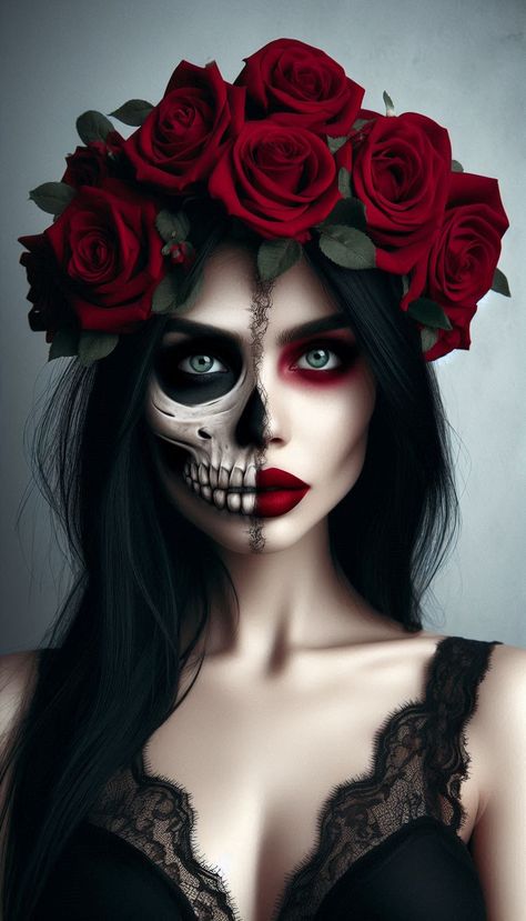 Sugarskulls Makeup Halloween, Half Dia De Los Muertos Makeup Ideas, Sugar Skull Easy Makeup, Half Face Catrina Makeup, Goth Skull Makeup, Catrina Face Makeup, Halloween Circus Makeup, Red And Brown Makeup, Make Up Halloween Mujer