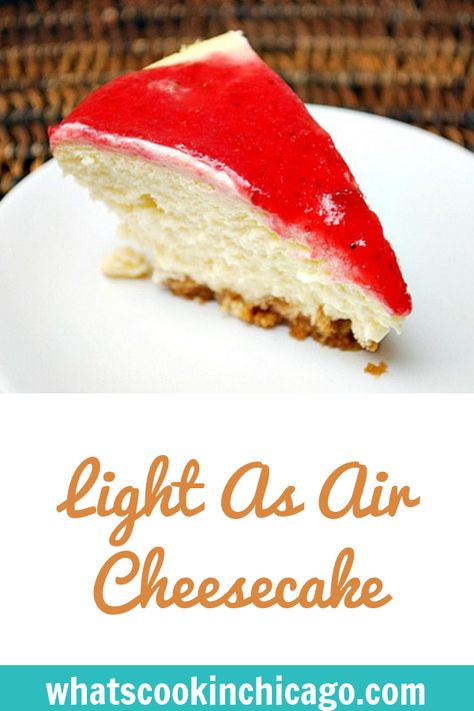 Light As Air Cheesecake #dessert #cheesecake #recipes Air Cheesecake, Light Cheesecake Recipe, Vday Dinner, Lighter Desserts, Healthy Cheesecake Recipes, Slice Of Cheesecake, Light Cheesecake, Healthy Holiday Desserts, Bake Sale Treats