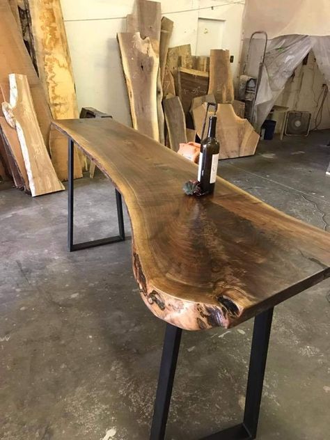 Live Edge Bar Table, Industrial Metal Table, Live Edge Bar, Wood Bar Table, Live Edge Furniture, Bar Tables, Metal Table Legs, Industrial Table, Live Edge Wood