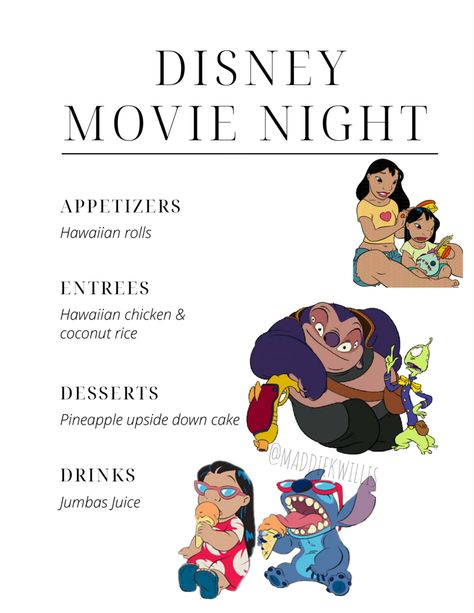 Lilo And Stitch Inspired Food, Stitch Dinner And A Movie, Movie Themed Family Dinners, Lilo And Stitch Movie Night Food, Lilo And Stitch Food Recipes, Fork N Film Ideas, Lilo And Stitch Dinner And A Movie, Food From Movies And Tv Shows, Disney Inspired Food Movie Nights