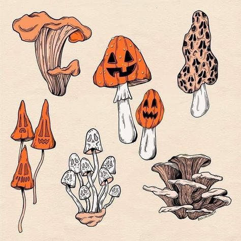 Halloween Daily Posts on Instagram: “Booshrooms! Spooky Halloween Mushrooms ! 🍄 🎃 Seen on Facebook not sure of artist but glad to give credit if anybody knows who made this!…” Spooky Mushrooms, Halloween Mushrooms, Image Halloween, Mushroom Art, Sketchbook Art Inspiration, Halloween Art, Art Sketchbook, Drawing Inspiration, Painting & Drawing