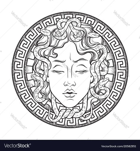 Gorgon Tattoo, Shield Tattoo, Medusa Gorgon, Medusa Art, Kunst Tattoos, Greek Mythology Tattoos, Mythology Tattoos, Medusa Tattoo, Line Art Vector