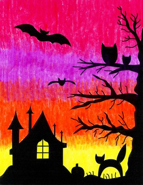 Nhs Art, Easy Halloween Drawings, Drawing Halloween, Drawing Themes, Kid Drawing, Scary Drawings, Fall Art Projects, Scene Drawing, Art Projects For Kids