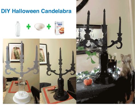 Diy Candelabra How To Make, Candelabra Diy, Candleabra Ideas, Gothic Silhouette, Diy Candelabra, Halloween Candelabra, Mansion Party, Vampire Party, Diy Props