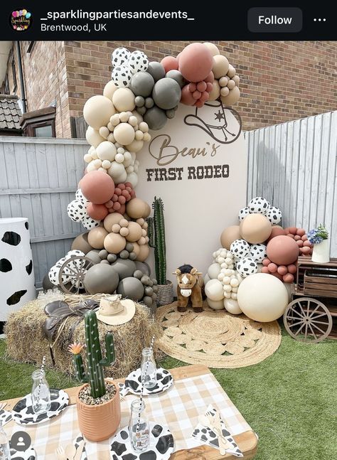 Wild West Balloon Arch, Not Our First Rodeo Baby Shower Ideas, Western Bday Party Ideas, Ranch Theme Party, Rodeo Baby Shower, Barn Birthday Party, Cowgirl Party Decorations, Cowboy Party Decorations, Rodeo Baby