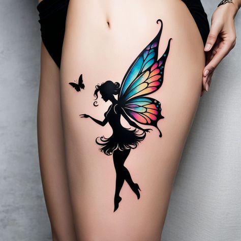 Graceful Fairy Essence" This fairy tattoo in black ink embodies elegance and simplicity, with flowing lines and a butterfly accent. A magical design. #GracefulEssence #FairyTattoo #BlackInkArt #TattooInspiration Goth Fairy Wings Tattoo, Simple Fairy Tattoo, Fairy Tattoo Stencil, Fairy Tattoos For Women, Fairy Tattoo Ideas, Gothic Tattoo Designs, Faerie Tattoo, Gothic Fairy Tattoo, Aj Tattoo