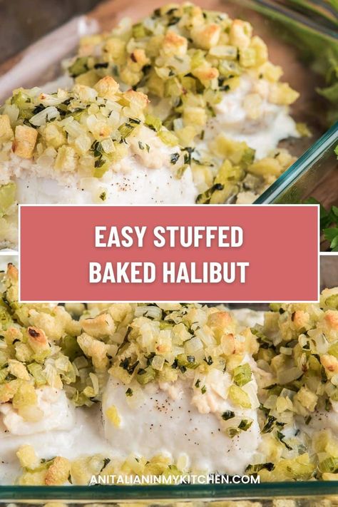 Baked Halibut, is a delicious stuffed fish recipe. Topped with seasoned breadcrumb stuffing. This is an easy recipe and a perfect any occasion dinner idea. Crab Stuffed Halibut Recipes, Stuffed Baked Fish, Stuffed White Fish Recipes, Baked Stuffed Haddock Recipes, Stuffed White Fish, Stuffed Fish Recipes, Breadcrumb Stuffing, Stuffed Halibut, Halibut Recipes Baked