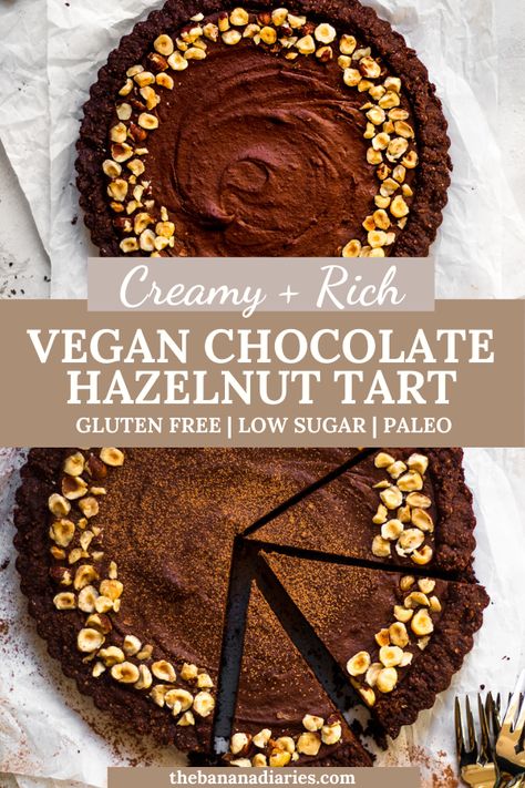 This vegan chocolate hazelnut tart legit tastes like a Nutella tart!! I cannot get over that this tart is gluten free, dairy free, and Paleo! No one in my family knew, and it's now their favorite vegan dessert recipe! Definitely a must make for the holidays! Veg Desserts, Vegan Tart, Hazelnut Tart, Banana Diaries, Vegan Sweet Potato Pie, Chocolate Cookie Crust, Vegan Nutella, Pie Pops, Vegan Pumpkin Pie