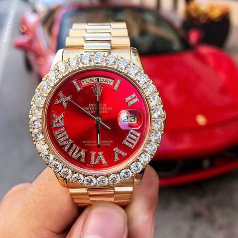 Iced out Red  Roman Rolex Day Date  looking just right with  that back drop! Name  that car! $16500 . . .. . Rolex Presidential, Rolex Watches For Sale, Rolex Watches Women, Watches For Sale, Silver Pocket Watch, Swiss Army Watches, Expensive Watches, Invicta Watches, Rolex Watch