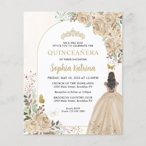 $1.27 | Budget Floral Champagne Gold Princess Quinceanera #budget quinceanera birthday invitation, faux light gold champagne, gold glitter sparkle, quinceañera mis quince quinceanera, 15th birthday xv anos, watercolor floral, princess dress gown, tiara crown, miss quince mexican, elegant modern girly glam vintage Champagne Quinceanera Theme, Budget Quinceanera, Champagne Quinceanera, Quinceñera Invitations, Rose Gold Quince, Champagne Quinceanera Dresses, Invitations Quinceanera, Quinceanera Pink, Quince Invitations