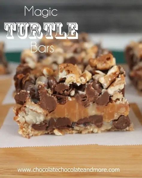 Magic Turtle Bars-Chocolate, Caramel and Pecans, come together in this fabulous Magic Bar Chocolate Caramel Nut Bars, Magic Brownie Bars, Heavenly Bars Recipes, Seven Layer Cookies Recipe Magic Bars, Millionaire Magic Bars, Carmel Bars Desserts, Magic Bars Without Coconut, Carmel Desserts Bars, Christmas Millionaire Bars