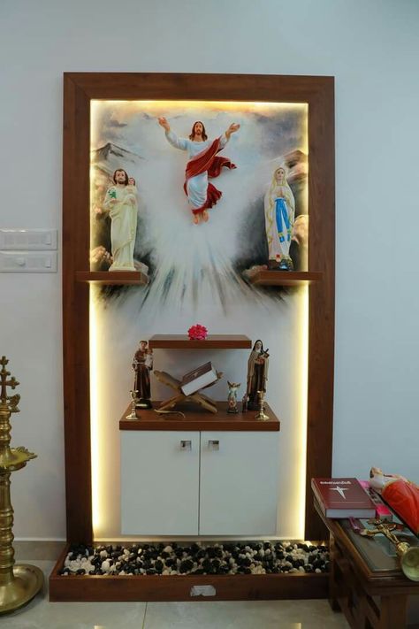 Roopakoodu Christian Home, Christian Alter Designs For Home, Prayer Unit Design Christian, Christian Altar Ideas For Home, Prayer Area Ideas Home Christian, Modern Altar Design Home Catholic, Altar Design Home Catholic, Catholic Altar Home Ideas, Christian Prayer Room Design