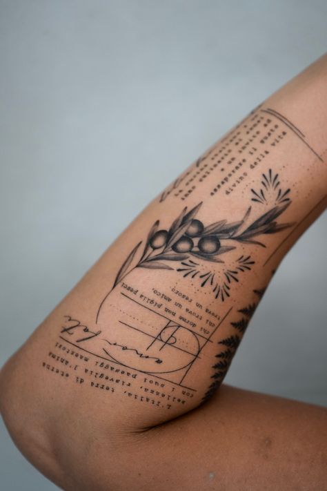 A tattoo arm composition about letterings, geometry and olive branch Conceptual Tattoo, Botanical Tattoo Design, Geometric Tattoo Sleeve Designs, Left Arm Tattoos, Italian Tattoos, Wrist Tattoo Ideas, Wrist Tattoo Designs, Inner Forearm Tattoo, Tattoo Graphic