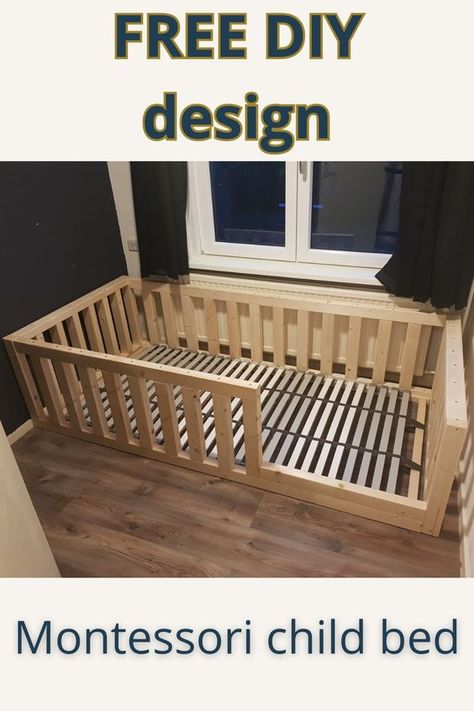 A Montessori floor bed is designed in such a way that the child can go to bed independently. It is a low bed, with or without a frame made of bars. Our DIY Montessori floor bed consists of a slatted base, mattress, and wooden frame. See this FREE step-by-step plan and all supplies in this post. Good luck! How To Build A Montessori Floor Bed, Crib To Floor Bed Diy, Montessori Bed Diy Plans, Diy Floor Bed Frame, Diy Montessori Floor Bed, Diy Toddler Floor Bed, Diy Montessori Bed, Montessori Bed Plans, Diy Floor Bed